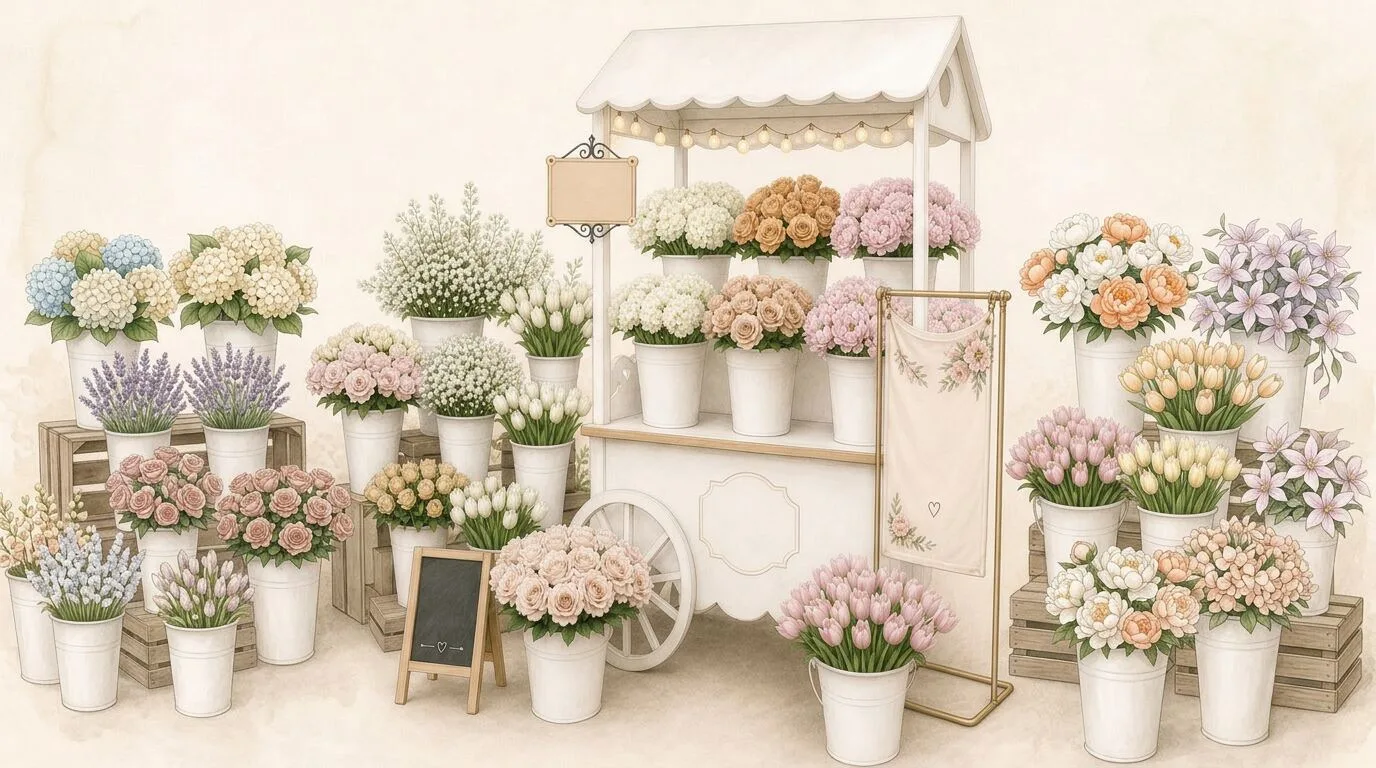 Custom Bloom Bar cart filled with seasonal roses, daisies, and eucalyptus for guests to wrap their own bouquets — floral add-on from our Winslow's Catering Livermore team