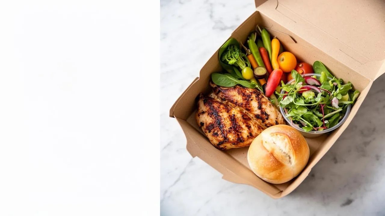 Boxed catering meal with grilled chicken, roasted vegetables, and a side salad packed for Catering Sunol deliveries