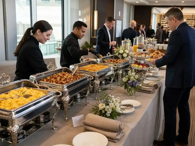 Attended corporate breakfast buffet of warm chafer dishes, pastries, cut fruit, coffee and juice set for a Tri-Valley catering meeting along the Vasco Road tech corridor