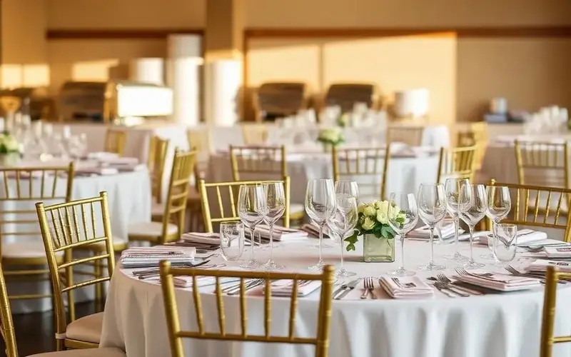 Reception set with round tables, gold Chiavari chairs, pressed linens, stemware and petite centerpieces — event rentals for San Ramon catering and Livermore venues