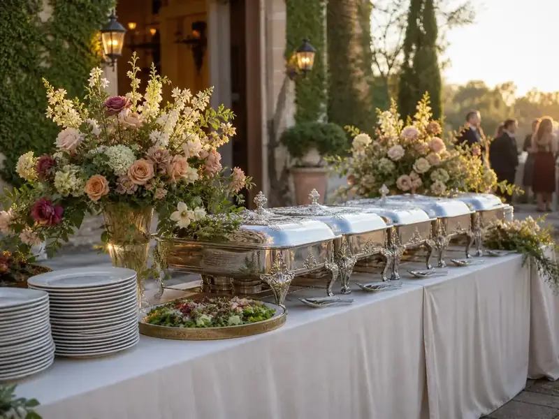 Event buffet dressed with silver chafers, stacked dinner plates, blush roses, hydrangea and trailing greenery by our Livermore catering florals team