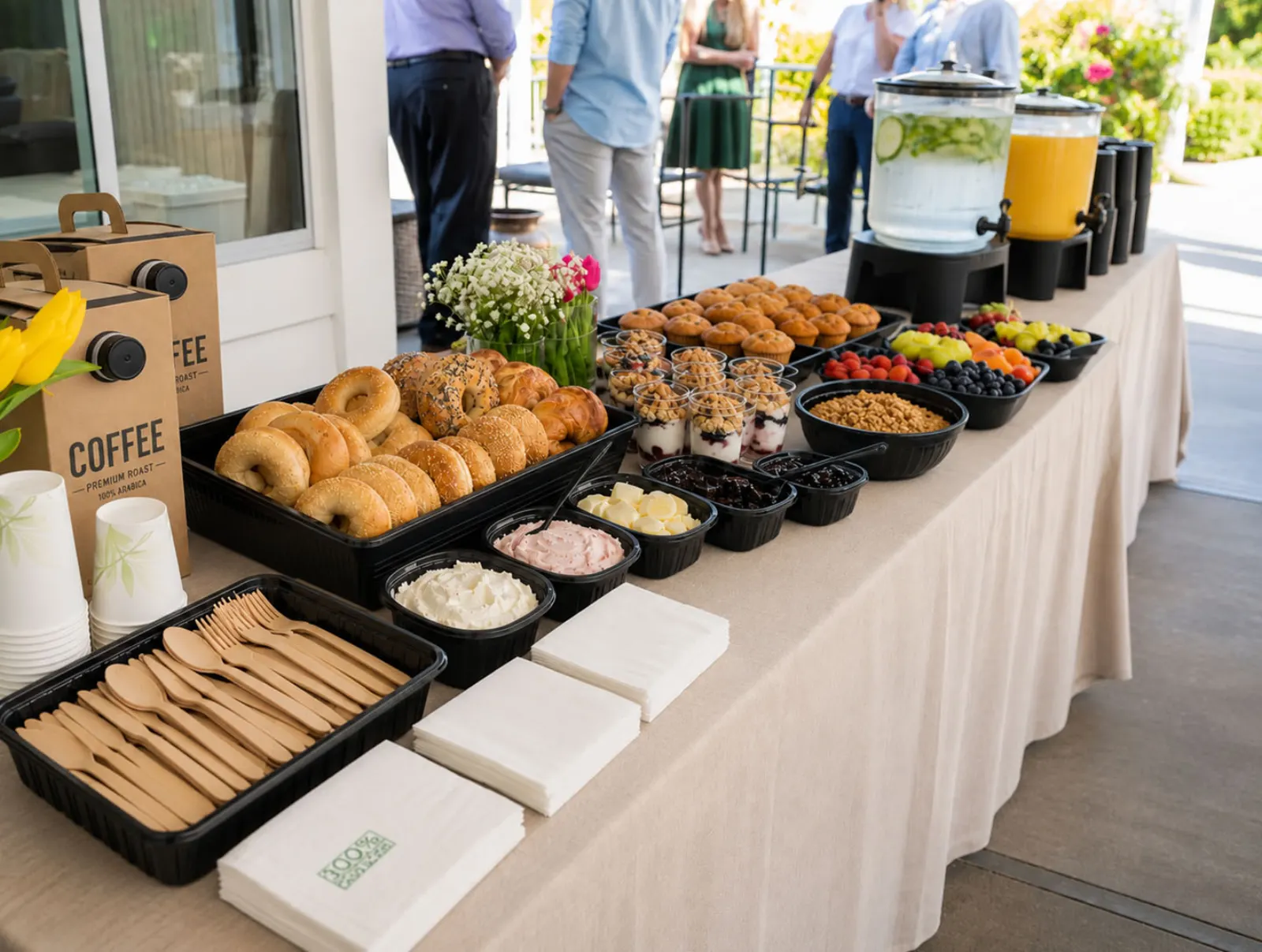 Drop-Off Continental Breakfast by Winslow's Catering Livermore Drop-off continental breakfast display with bagels, muffins, yogurt parfaits with granola, fresh fruit and berries, coffee, iced water, and orange juice on a linen-draped outdoor buffet by Winslow's Catering Livermore