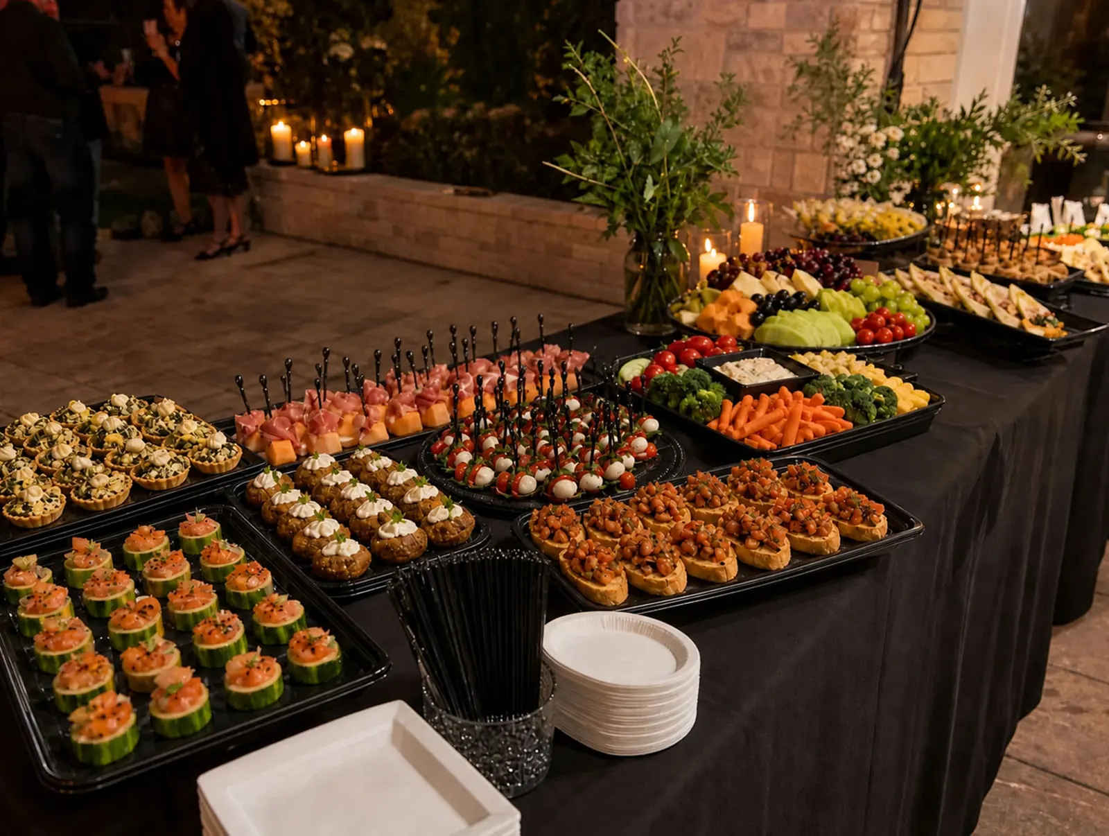 Drop-Off Appetizer Station Elegant evening drop-off appetizer station with caprese skewers, prosciutto and melon, bruschetta, stuffed mushrooms, smoked salmon cucumber cups, artichoke tartlets, crudité, fresh fruit and cheese trays, and candlelit florals by Winslow's Catering Livermore
