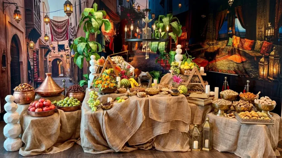 Themed Arabian Nights appetizer display with lanterns, mezze and passed hors d'oeuvres at a Livermore area celebration by Winslow's Catering Livermore
