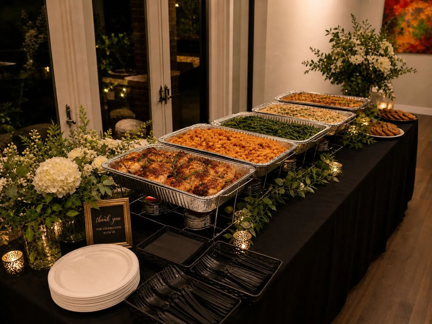 Delivered supper buffet of chicken, pasta, green beans and rice finished with candles and small bud vases — floral upgrades for San Ramon catering deliveries