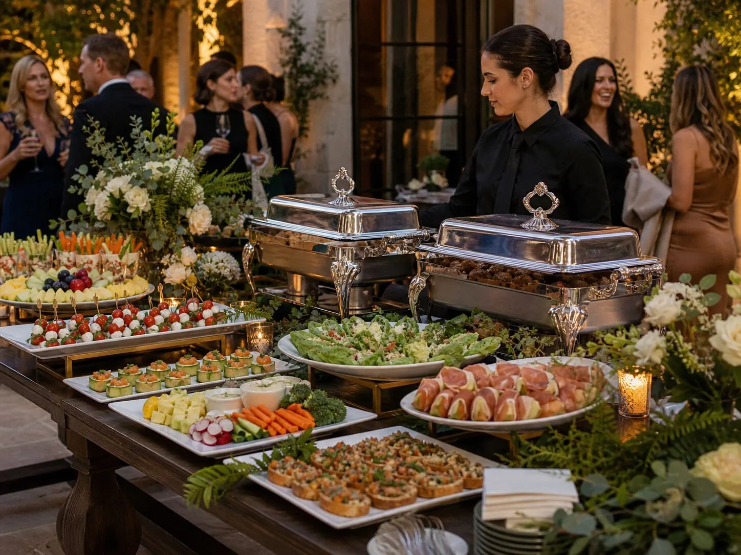 Attended appetizer station framed with fresh florals alongside warm chafers and platters at an outdoor reception — floral starter styling for Pleasanton catering receptions