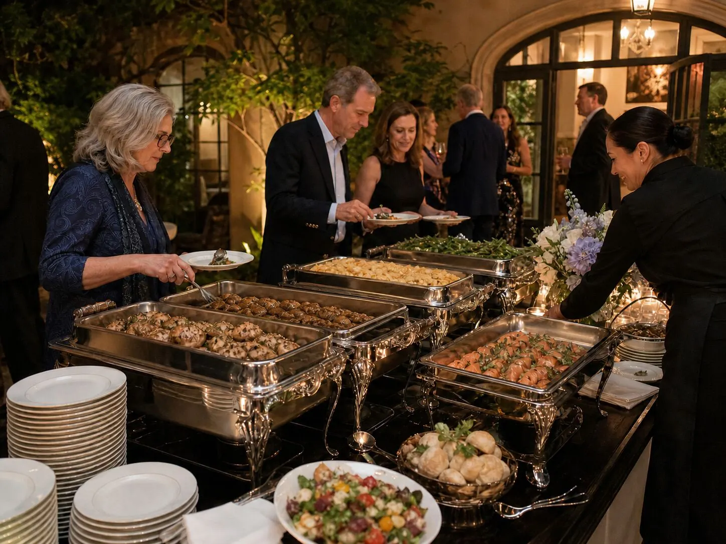 Plated full-service dinner service with uniformed staff and set tables at a Tri-Valley ranch venue catered by Winslow's Catering Livermore