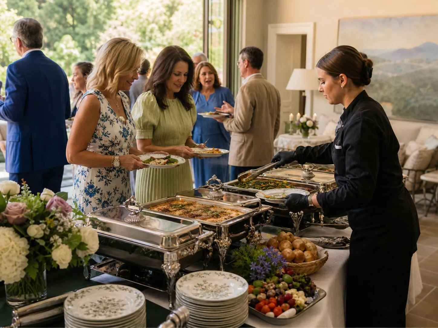 Attended full-service lunch buffet with chafing dishes and fresh salads set up for a Tri-Valley corporate event catered by Winslow's Catering Livermore