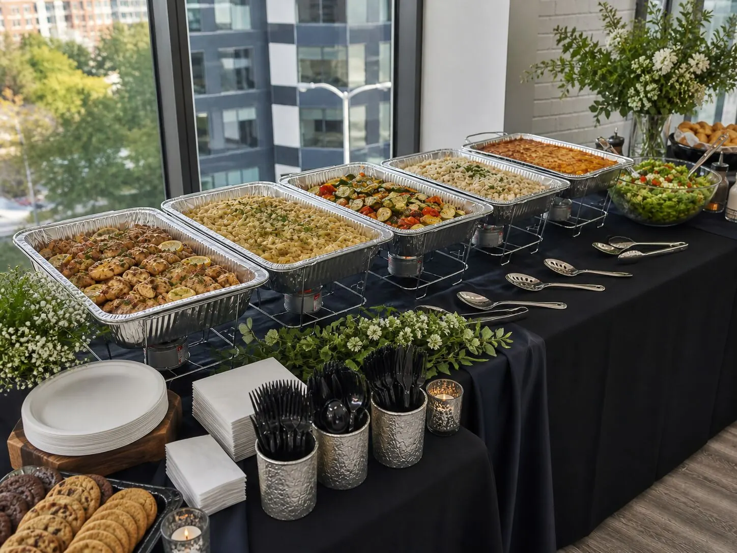 Midday buffet of baked pasta, oven-roasted vegetables, herbed potatoes, green salad and a cookie and bar tray held hot in chafing dishes — lab and warehouse lunch delivery for Dublin catering crews