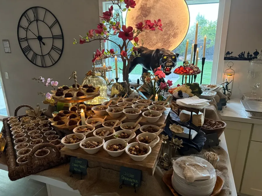 Mediterranean feast spread with kebabs, hummus, tabbouleh, pita and roasted vegetables served at a Livermore Valley private party by Winslow's Catering Livermore
