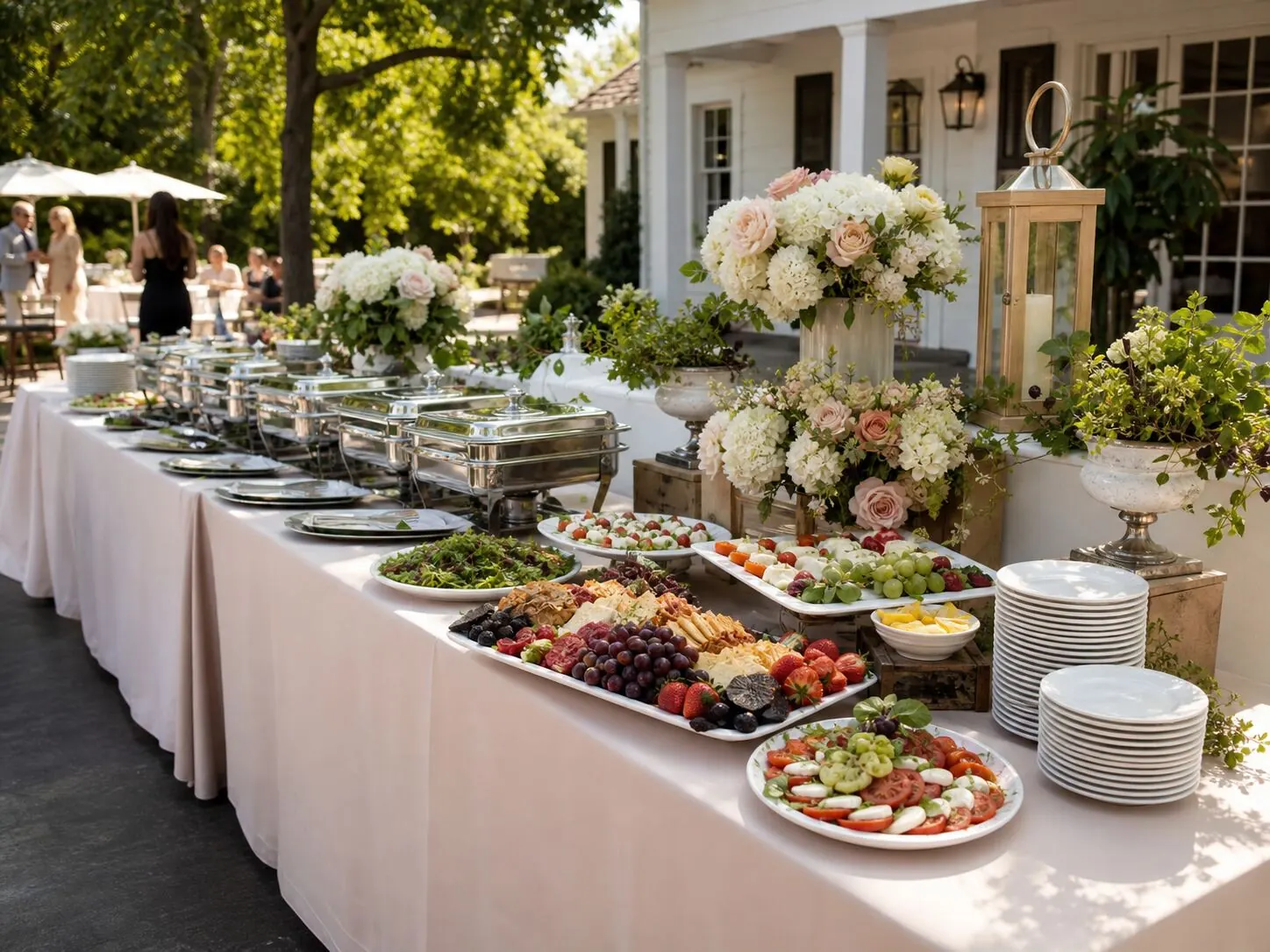 Outdoor buffet under open sky with linened tables, salads and hot entrees at a Livermore vineyard event catered by Winslow's Catering Livermore